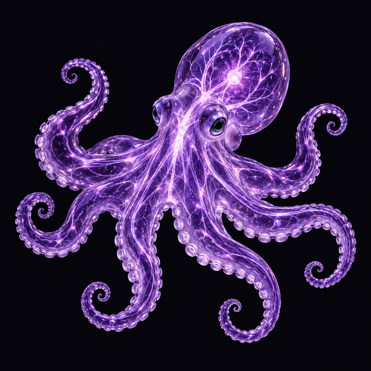 Animated amethyst octopus with moving tentacles, curious eyes and glowing internal neural pathways